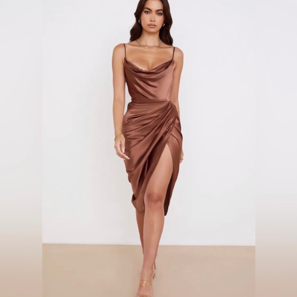 House of CB Satin Midi Dress in Rose and Bronze